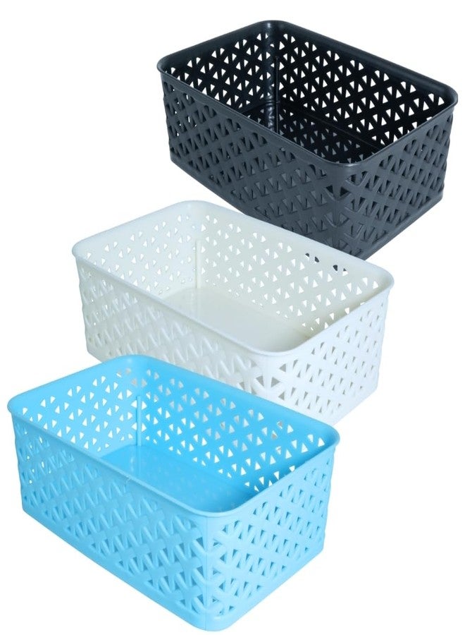 Simply Home Ajanta-2 Multi-Purpose Plastic Storage Basket|Stackable Organizer Tokri For Home,Kitchen,Bathroom & Office|Ideal For Toys,Clothes,Cosmetics,Stationery|Set Of 3|Black White Blue - Image 1