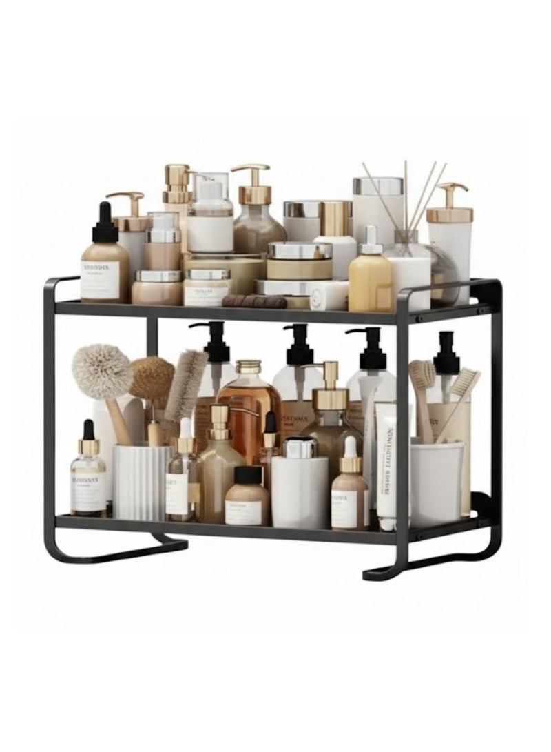 طلال منظم سطح عمل معدني أسود من طبقتين للحمام والمطبخ وطاولة الزينة - رف تخزين موفر للمساحة لمستحضرات التجميل والتوابل ومستحضرات التجميل والإكسسوارات - حامل رفوف متين مقاوم للصدأ - Image 1