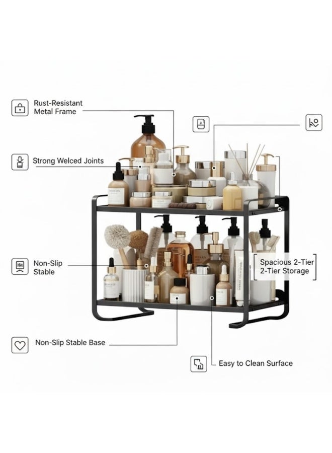طلال منظم سطح عمل معدني أسود من طبقتين للحمام والمطبخ وطاولة الزينة - رف تخزين موفر للمساحة لمستحضرات التجميل والتوابل ومستحضرات التجميل والإكسسوارات - حامل رفوف متين مقاوم للصدأ - Image 3