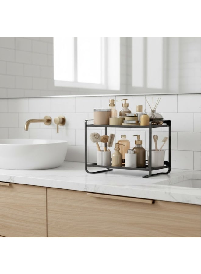 طلال منظم سطح عمل معدني أسود من طبقتين للحمام والمطبخ وطاولة الزينة - رف تخزين موفر للمساحة لمستحضرات التجميل والتوابل ومستحضرات التجميل والإكسسوارات - حامل رفوف متين مقاوم للصدأ - Image 5