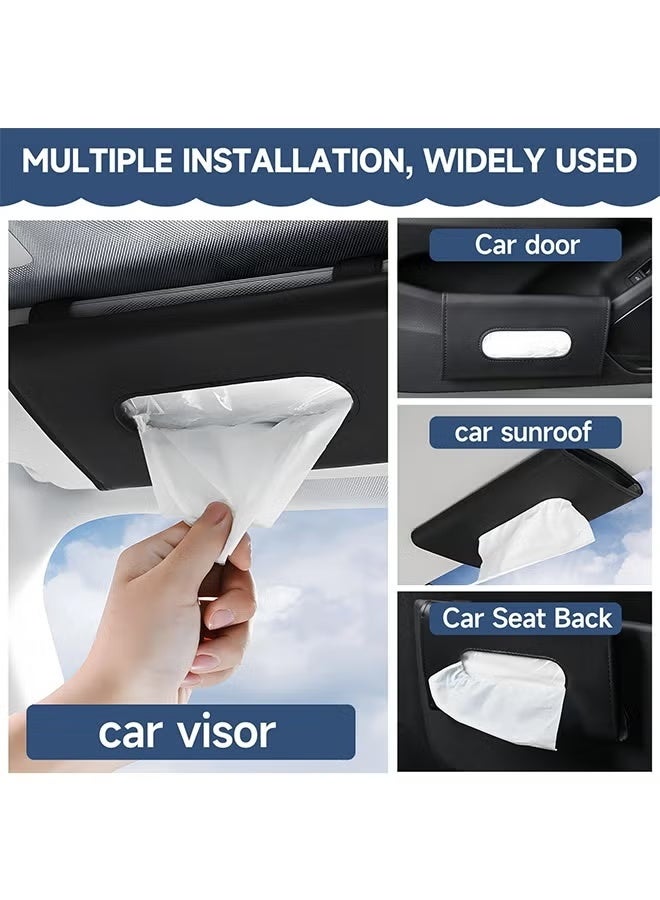 2 Pcs PU Leather Car Tissue Holder, Sun Visor Napkin Box with Tissue Refill, Black - Image 2
