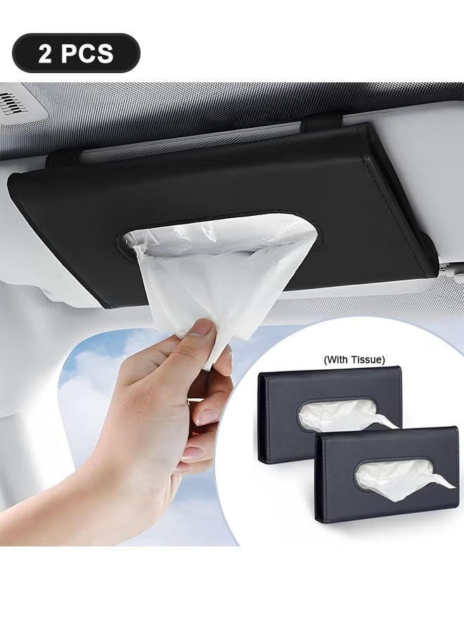 2 Pcs PU Leather Car Tissue Holder, Sun Visor Napkin Box with Tissue Refill, Black - Image 1