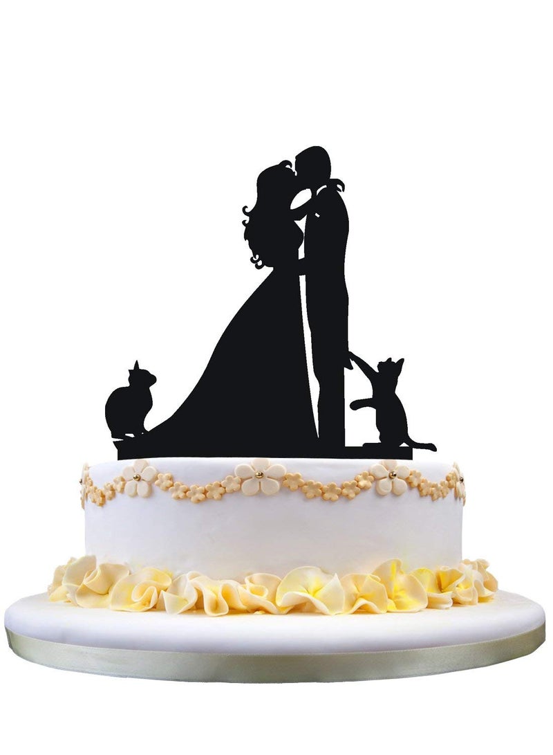 YAMI COCU Wedding Cake Toppers Cats Black Acrylic Cake Topper of Engagement and Wedding with Bride and Groom - Image 1