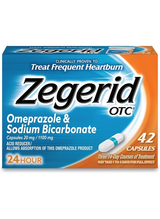 Zegerid OTC Heartburn Relief, 24 Hour Stomach Acid Reducer Proton Pump Inhibitor With Omeprazole and Sodium Bicarbonate, Capsules, 42 Count