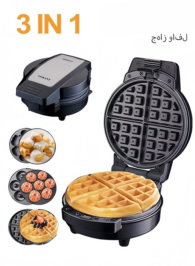 sokany 3-In-1 Non-Stick Snacks Maker with Waffle Plate/Cartoon Cake Plate/Doughnut Plate 600 W SK-08006 Black - Image 1