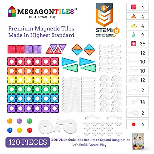 MEGAGONTILES Marble Run Magnetic Tiles Set 120PCS STEMAuthenticated Magnetic Building Blocks with Marble Track Pieces Educational Construction Toy for Kids Ages 38 Boys Girls - Image 5