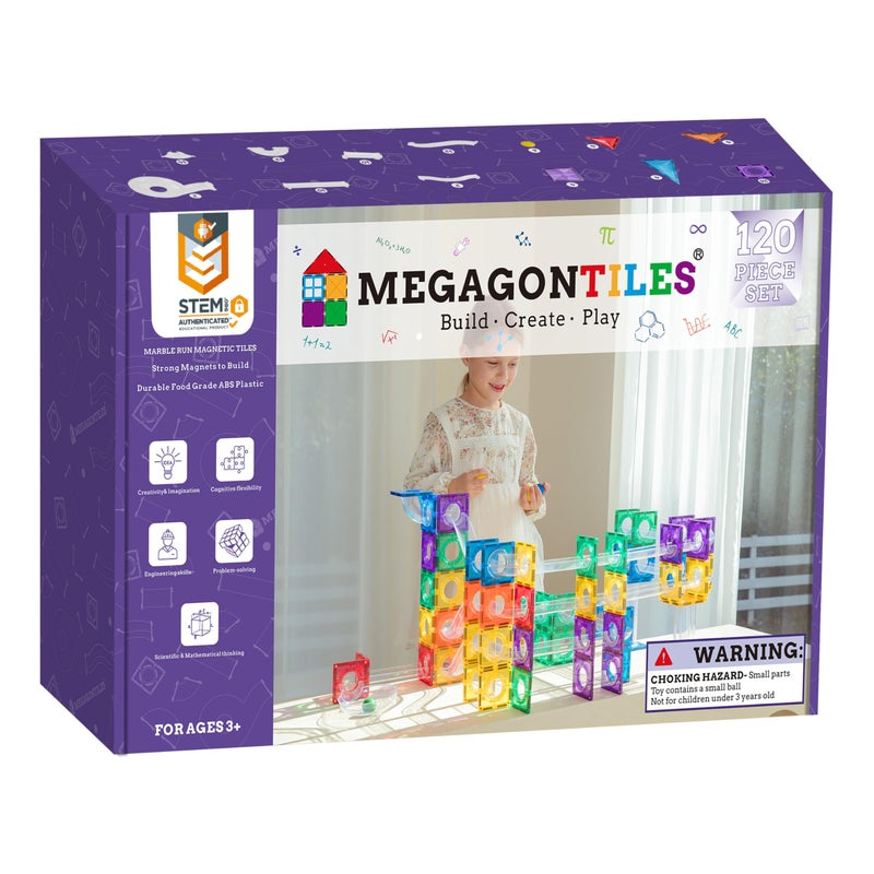 MEGAGONTILES Marble Run Magnetic Tiles Set 120PCS STEMAuthenticated Magnetic Building Blocks with Marble Track Pieces Educational Construction Toy for Kids Ages 38 Boys Girls - Image 4