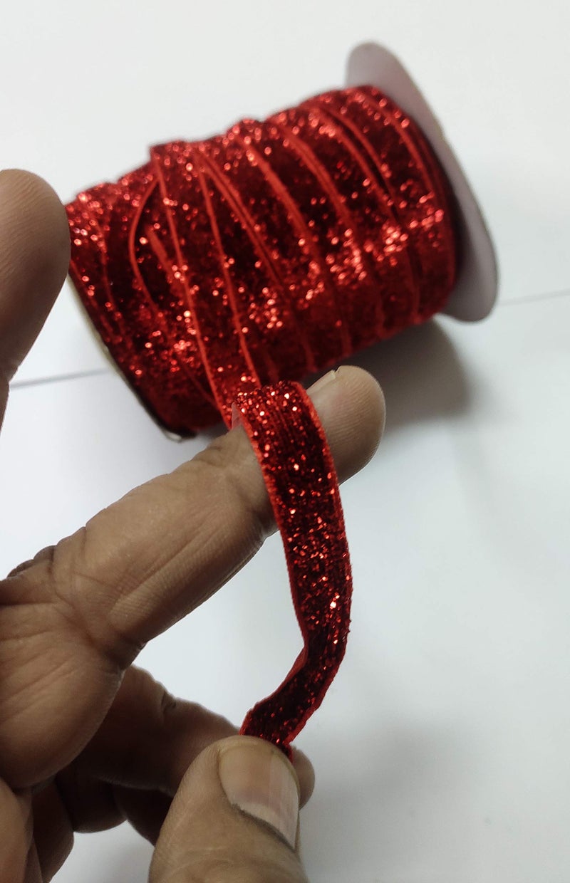 OMX Roll of Sparkle Glitter Ribbon Patti Lace (32 Meters) (Border) with 1cm (10mm) Width, Saree Border, Party Decoration, Craftwork (Red) - Image 2