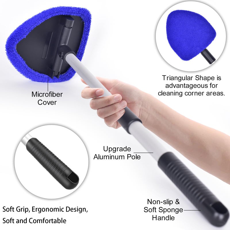 Desin Windshield Cleaning Tool  Car Window Cleaner Windshield Cleaner With 4 Reusable And Washable Microfiber Pads And Extendable Handle Auto Inside Glass Wiper Kit (Dark Blue) - Image 3