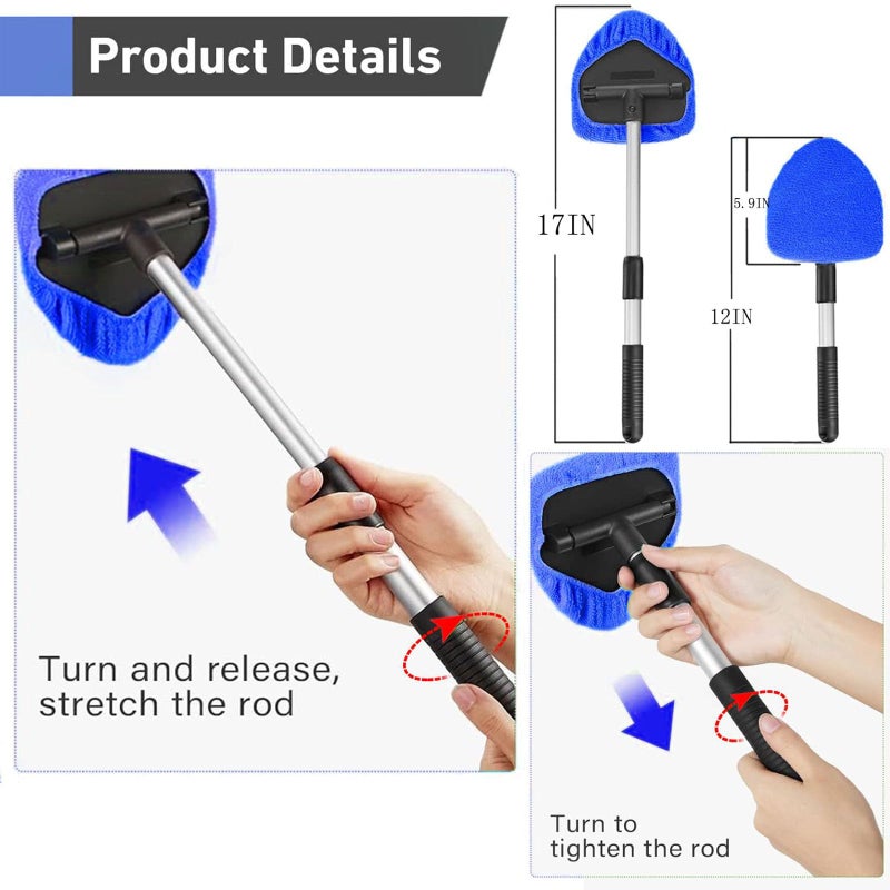 Desin Windshield Cleaning Tool  Car Window Cleaner Windshield Cleaner With 4 Reusable And Washable Microfiber Pads And Extendable Handle Auto Inside Glass Wiper Kit (Dark Blue) - Image 2