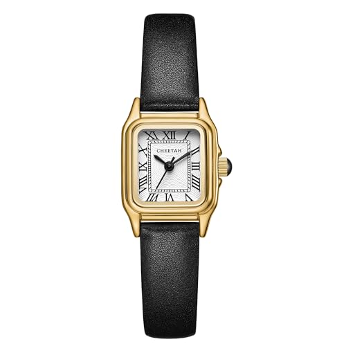 CHEETAH Women’s Leather Strap Watch, with Silver-Tone Small Vintage Rectangular Case, Roman Dial - Image 1