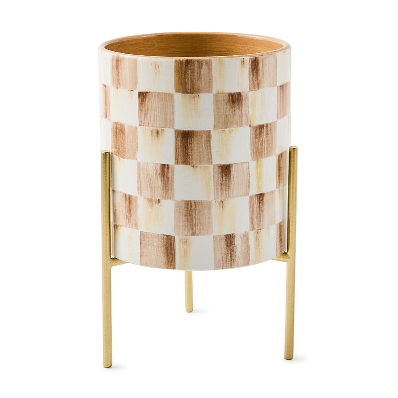 mackenzie childs MACKENZIE-CHILDS Tabletop Planter, Ceramic Decorative Pot for Plants, Brown-and-White Mocha Check - Image 1