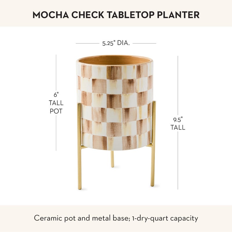 mackenzie childs MACKENZIE-CHILDS Tabletop Planter, Ceramic Decorative Pot for Plants, Brown-and-White Mocha Check - Image 4