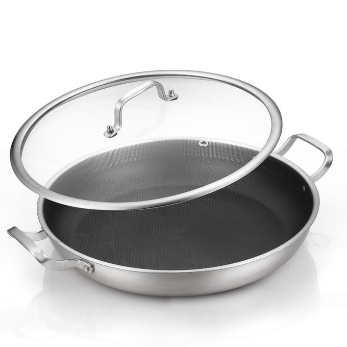 13 INCH TRIPLY STAINLESS STEEL PAELLA PAN WITH LID NONSTICK FRYING PAN HYBIRD INDUCTION LARGE SKILLETSGREAT FOR PAELLA PARTIES INDOORS OUTDOORSHEAVY DUTY STYLE