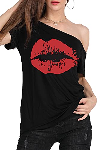 MAGICMK Woman’s Off The Shoulder Lips Top Print Short Sleeve Cotton Sexy Fashion T-Shirt (XXL, Black+Red1) - Image 3