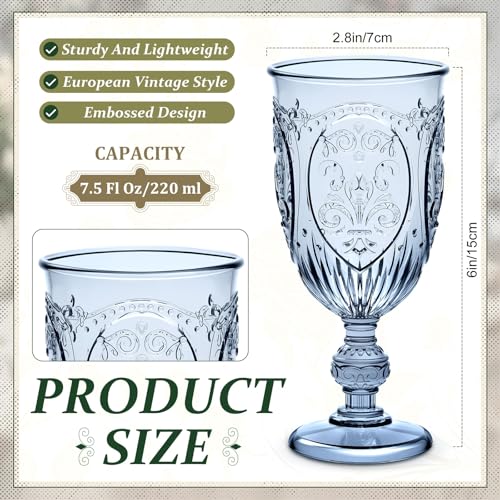Wiwiqing 100 Pcs Plastic Goblets 7.5oz Vintage Goblet Plastic Wine Glasses Colored Retro Embossed Water Goblets for Wine Bar Juice Baby Shower Wedding Reception Grand Event Party (Blue) - Image 3