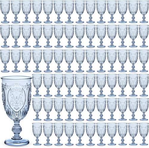 Wiwiqing 100 Pcs Plastic Goblets 7.5oz Vintage Goblet Plastic Wine Glasses Colored Retro Embossed Water Goblets for Wine Bar Juice Baby Shower Wedding Reception Grand Event Party (Blue) - Image 1