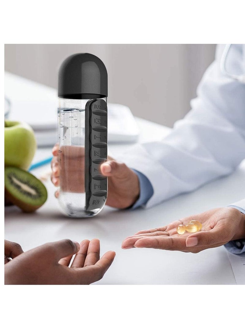 Black 600ml Water Bottle with Attached Pill Box Organizer for Easy Portability - Image 1