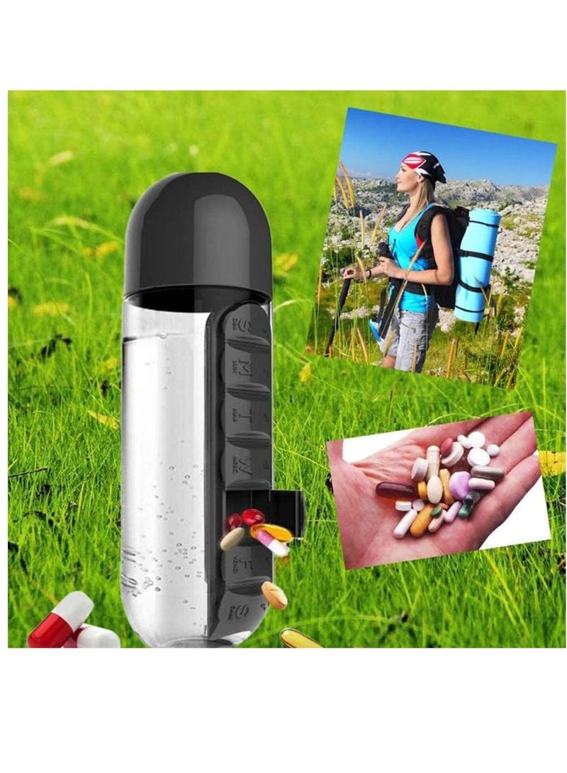 Black 600ml Water Bottle with Attached Pill Box Organizer for Easy Portability - Image 3