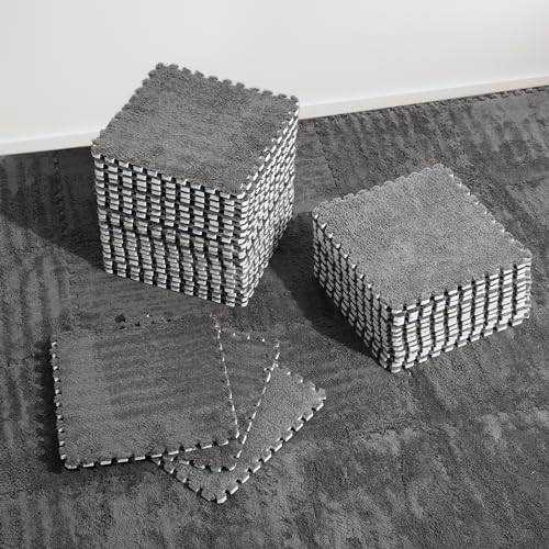 ZENOWICK 36 Pcs Plush Interlocking Carpet Tiles NonToxic Shaggy Foam Carpet Tiles for Toddler Baby AntiSlip EVA Foam Interlocking Tiles for Floor Nursery Playroom Grey - Image 1