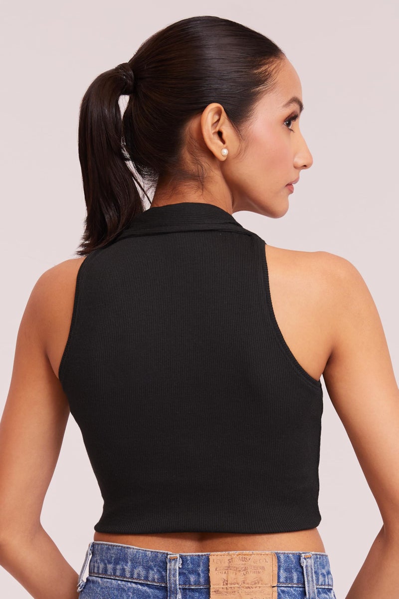 Berry&Bird BERRY BIRD® Stylish Sleeveless V-Neck Slim Fit Collar Ribbed Knit Tank Crop Tops for Women & Girls Beach and Gym Wear and Western Trendy Fashion Black - Image 2