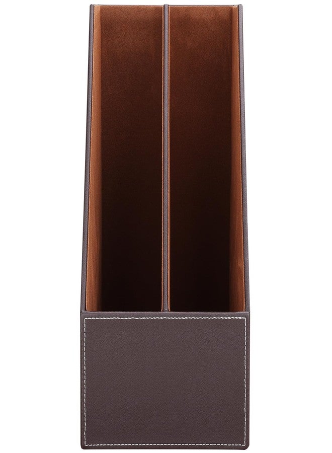 KINGFOM Wooden Leatherette Desktop File Folder Organizer and Document File Stand Journals Magazine Rack 2 Slots (brown) - Image 4