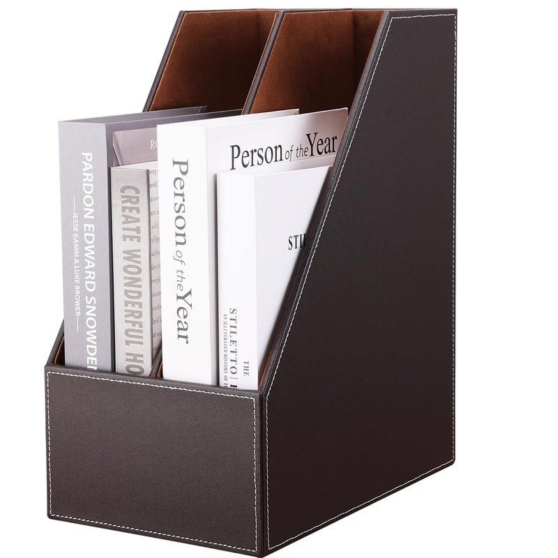 KINGFOM Wooden Leatherette Desktop File Folder Organizer and Document File Stand Journals Magazine Rack 2 Slots (brown) - Image 1