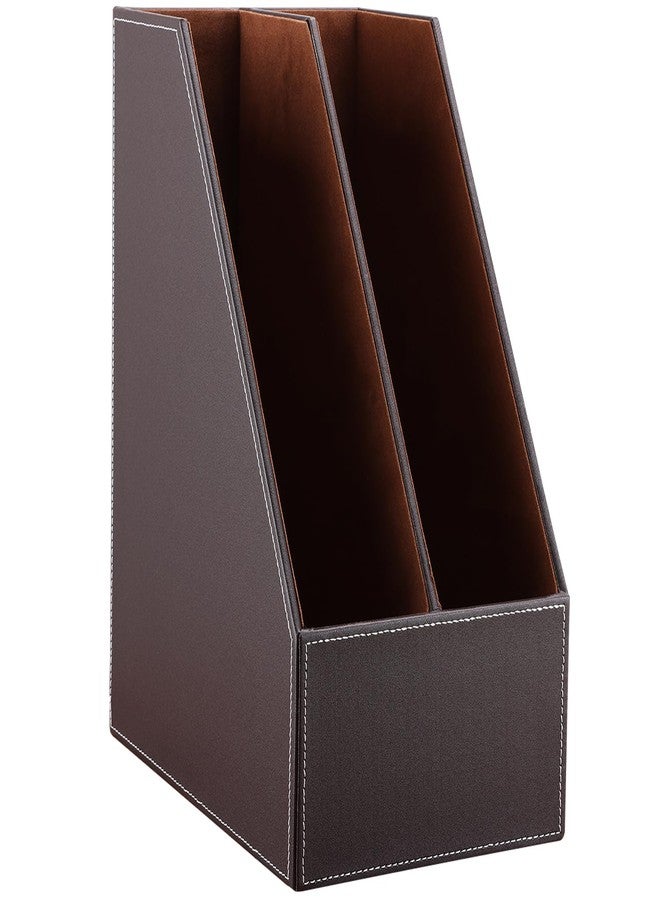 KINGFOM Wooden Leatherette Desktop File Folder Organizer and Document File Stand Journals Magazine Rack 2 Slots (brown) - Image 5
