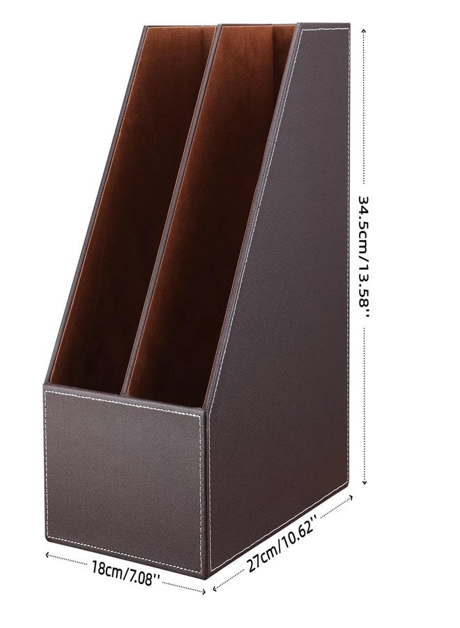 KINGFOM Wooden Leatherette Desktop File Folder Organizer and Document File Stand Journals Magazine Rack 2 Slots (brown) - Image 3