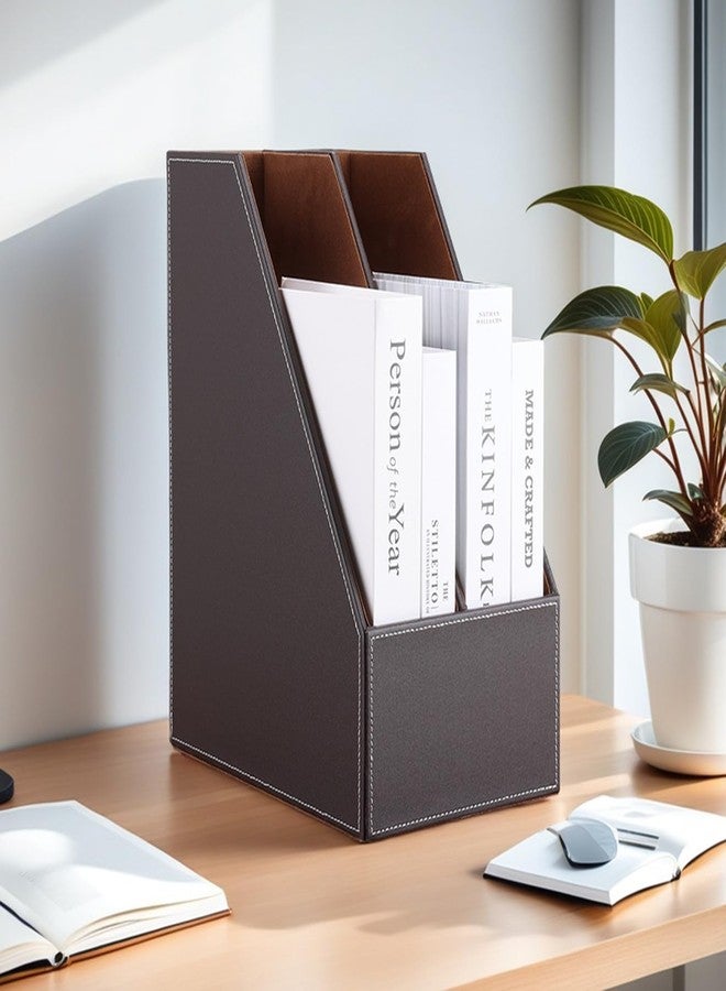 KINGFOM Wooden Leatherette Desktop File Folder Organizer and Document File Stand Journals Magazine Rack 2 Slots (brown) - Image 2