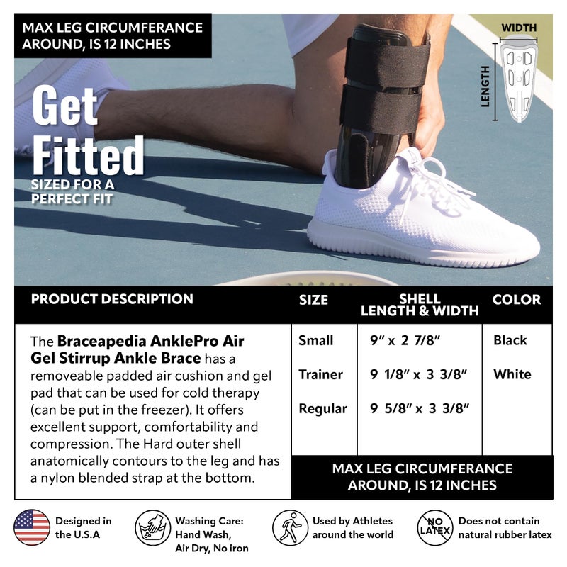 Braceapedia AnklePro Air Gel Stirrup الكاحل دعامة تثبيت جانبية صلبة مع وسادة هوائية للعلاج البارد قابلة للإزالة ووسادة جل للكاحل، دعامة الكاحل للنساء والرجال، دعم الكاحل باللون الأسود العادي - Image 2