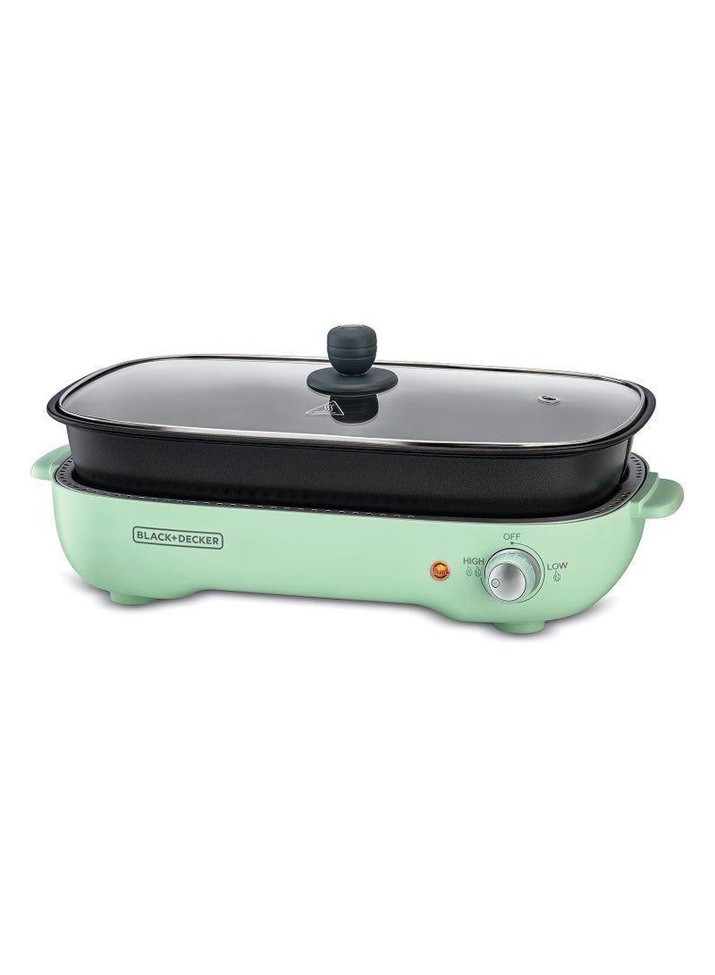 BLACK+DECKER Multifunction Grill, 4.0L Family-sized, Dual Pattern Grill Plate, 3 Interchangeable Non-stick Detachable Pans with Hotpot, For Grilling, Baking, Frying 1400 W GMF1400-B5 Mint Green - Image 1