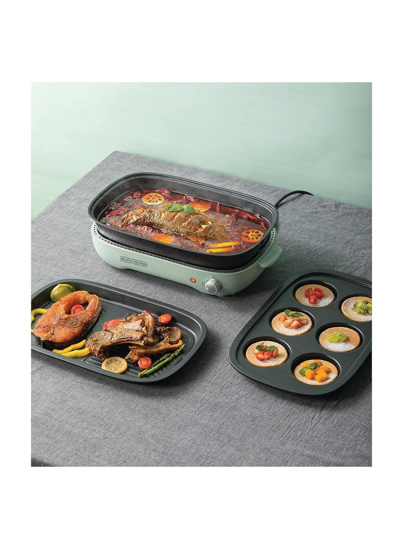 BLACK+DECKER Multifunction Grill, 4.0L Family-sized, Dual Pattern Grill Plate, 3 Interchangeable Non-stick Detachable Pans with Hotpot, For Grilling, Baking, Frying 1400 W GMF1400-B5 Mint Green - Image 5