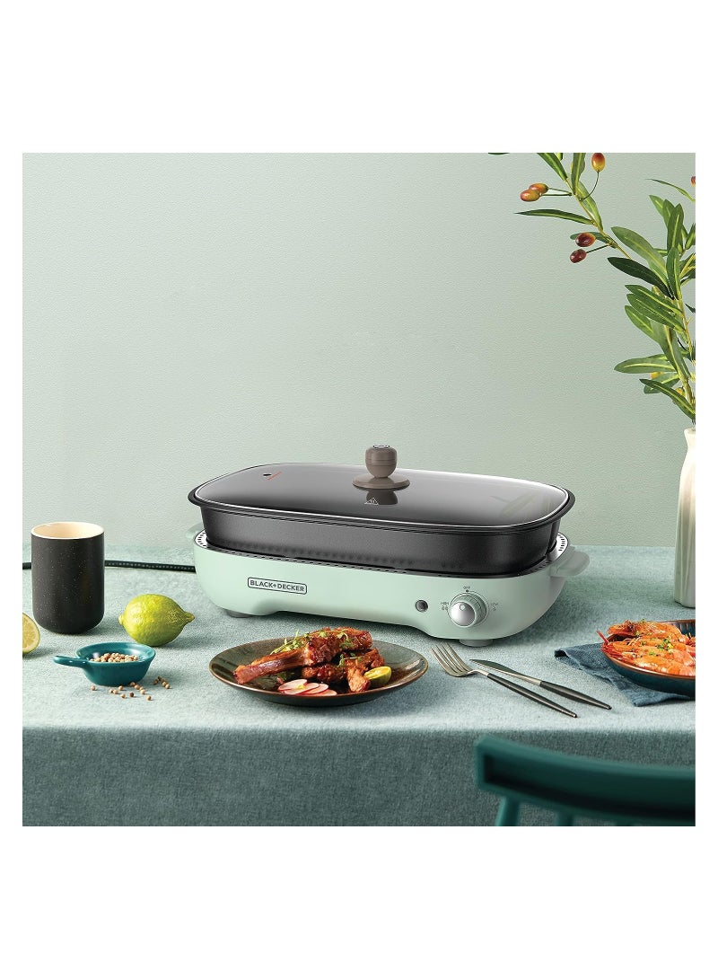 BLACK+DECKER Multifunction Grill, 4.0L Family-sized, Dual Pattern Grill Plate, 3 Interchangeable Non-stick Detachable Pans with Hotpot, For Grilling, Baking, Frying 1400 W GMF1400-B5 Mint Green - Image 3