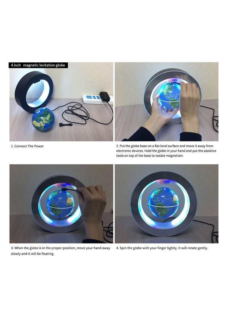 Magnetic Floating Globe World Map Circular Frame with Colorful LED for Home Office Desk Decoration 4 inch Blue  - Image 5
