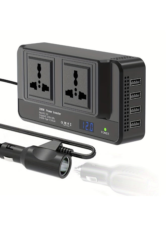 NIBEMINENT 200w Car Power Inverter Dc 12v to 220v Ac Car Inverter for Plug Outlet for Vehicles,Car Converter with 2-Pin Sockets & 4-USB Ports - Image 1