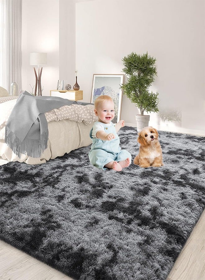 Area bedroom carpet, 5x7 feet tie dyed dark gray fluffy plush carpet, modern plush indoor area carpet, living room carpet, children's room bedroom and nursery anti-skid carpet  - Image 1