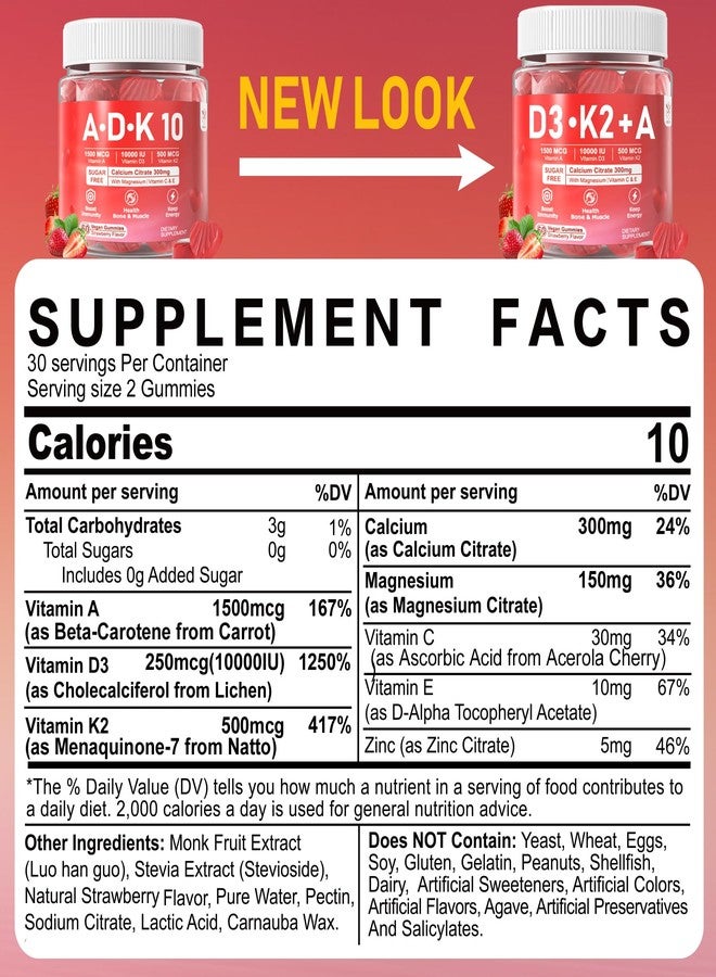 EnvyCure Vitamin D3 + K2 + A Gummies 5000IU/10000 IU - Vitamin D3 Con K2 Supplement with Calcium Magnesium Zinc, Vitamin C & E, High Dose Ultimate Absorbency for Bones, Muscles, Teeth, Vision, Vegan 2 Packs - Image 2