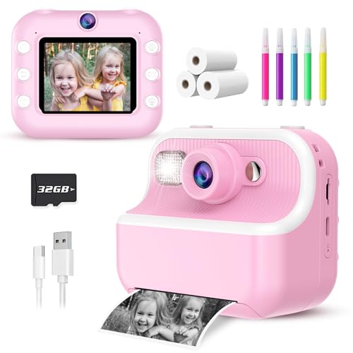 TKECWOB Kids Camera Instant Print, Christmas Birthday Gifts for Kids 3-12, 1080P Instant Print Camera for Kid, Toddler Camera Toy for 4 5 6 7 8 9 10 Year Old Girls Boys with 3 Rolls Paper and 32GB Card-Pink - Image 1