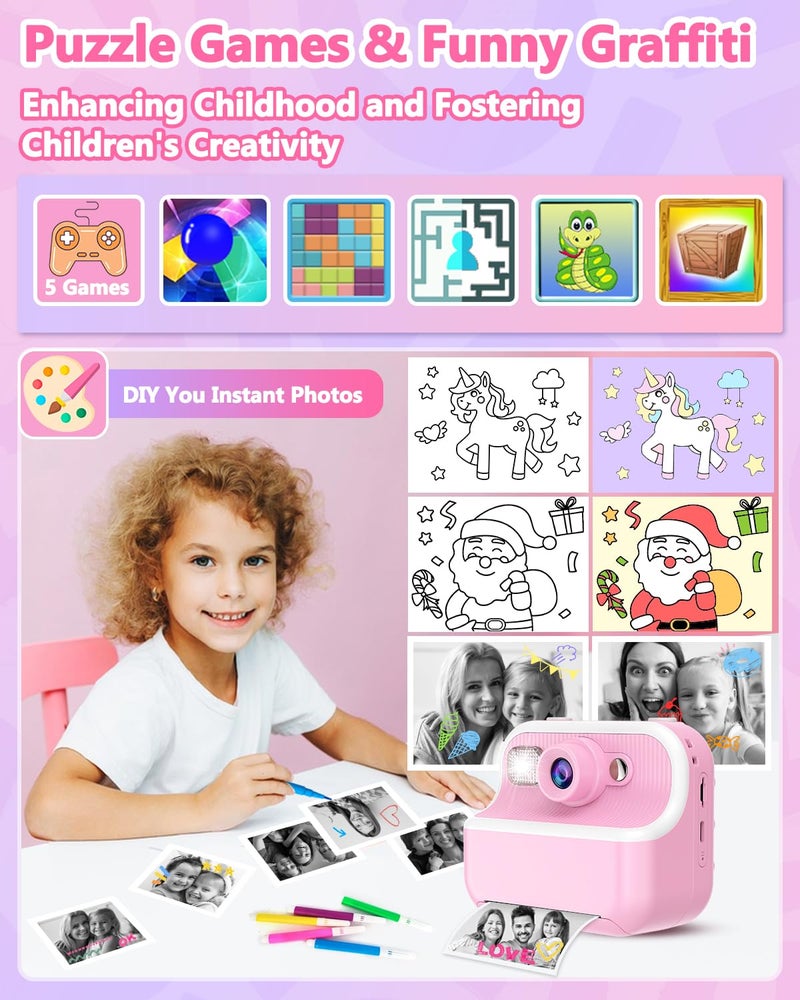 TKECWOB Kids Camera Instant Print, Christmas Birthday Gifts for Kids 3-12, 1080P Instant Print Camera for Kid, Toddler Camera Toy for 4 5 6 7 8 9 10 Year Old Girls Boys with 3 Rolls Paper and 32GB Card-Pink - Image 5