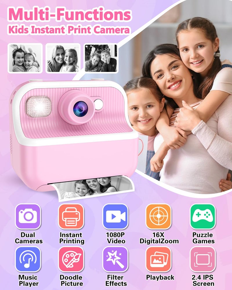 TKECWOB Kids Camera Instant Print, Christmas Birthday Gifts for Kids 3-12, 1080P Instant Print Camera for Kid, Toddler Camera Toy for 4 5 6 7 8 9 10 Year Old Girls Boys with 3 Rolls Paper and 32GB Card-Pink - Image 2