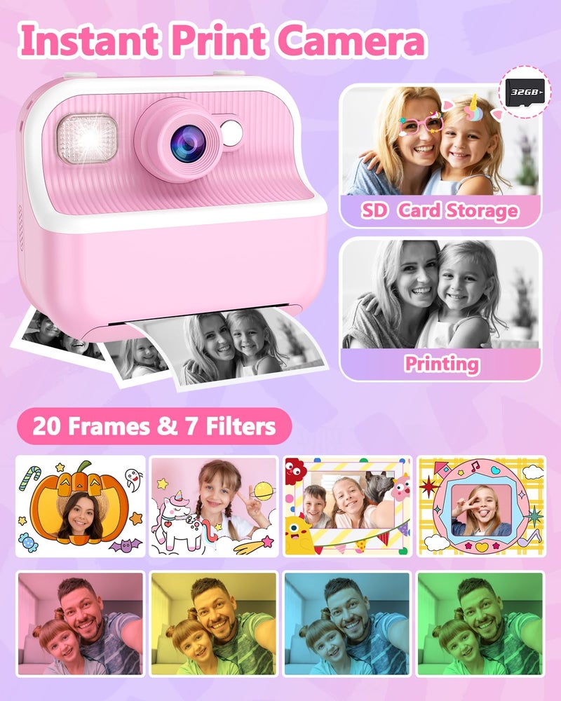 TKECWOB Kids Camera Instant Print, Christmas Birthday Gifts for Kids 3-12, 1080P Instant Print Camera for Kid, Toddler Camera Toy for 4 5 6 7 8 9 10 Year Old Girls Boys with 3 Rolls Paper and 32GB Card-Pink - Image 4