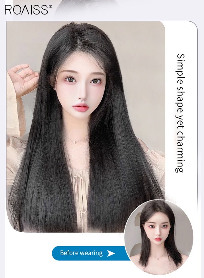 رويس وصلات شعر طبيعية سوداء على شكل حرف U، وصلة شعر مستقيمة من قطعة واحدة مع 5 مشابك، قطعة شعر صناعية مقاومة للحرارة للنساء والفتيات، 50 سم/60 سم - Image 4