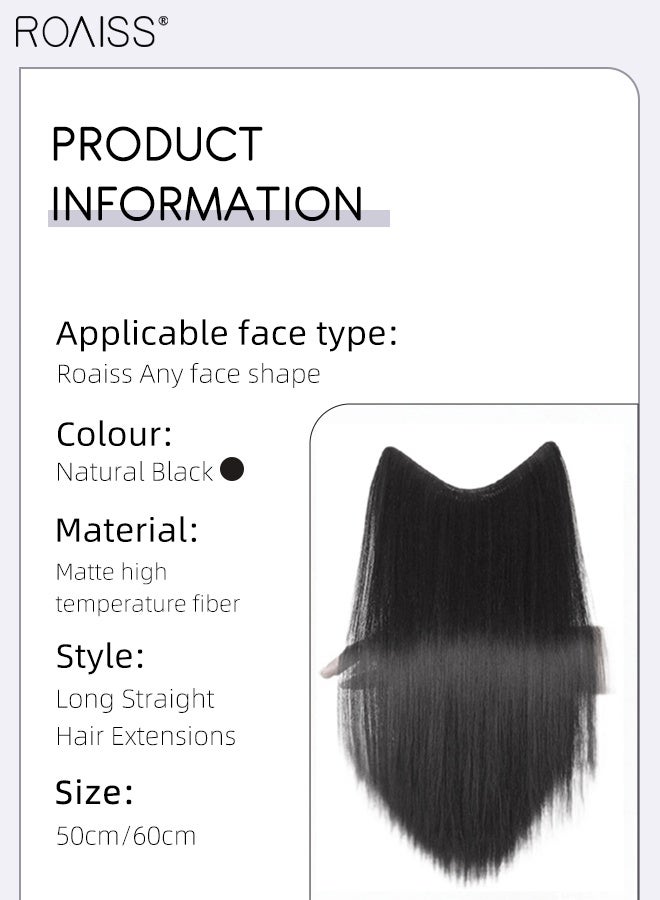 رويس وصلات شعر طبيعية سوداء على شكل حرف U، وصلة شعر مستقيمة من قطعة واحدة مع 5 مشابك، قطعة شعر صناعية مقاومة للحرارة للنساء والفتيات، 50 سم/60 سم - Image 2