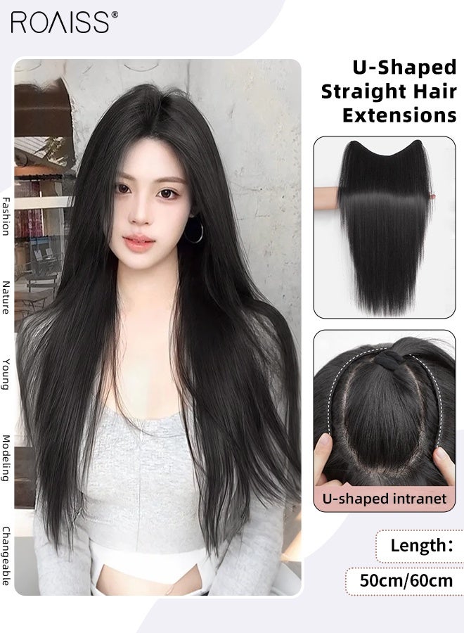 رويس وصلات شعر طبيعية سوداء على شكل حرف U، وصلة شعر مستقيمة من قطعة واحدة مع 5 مشابك، قطعة شعر صناعية مقاومة للحرارة للنساء والفتيات، 50 سم/60 سم - Image 1