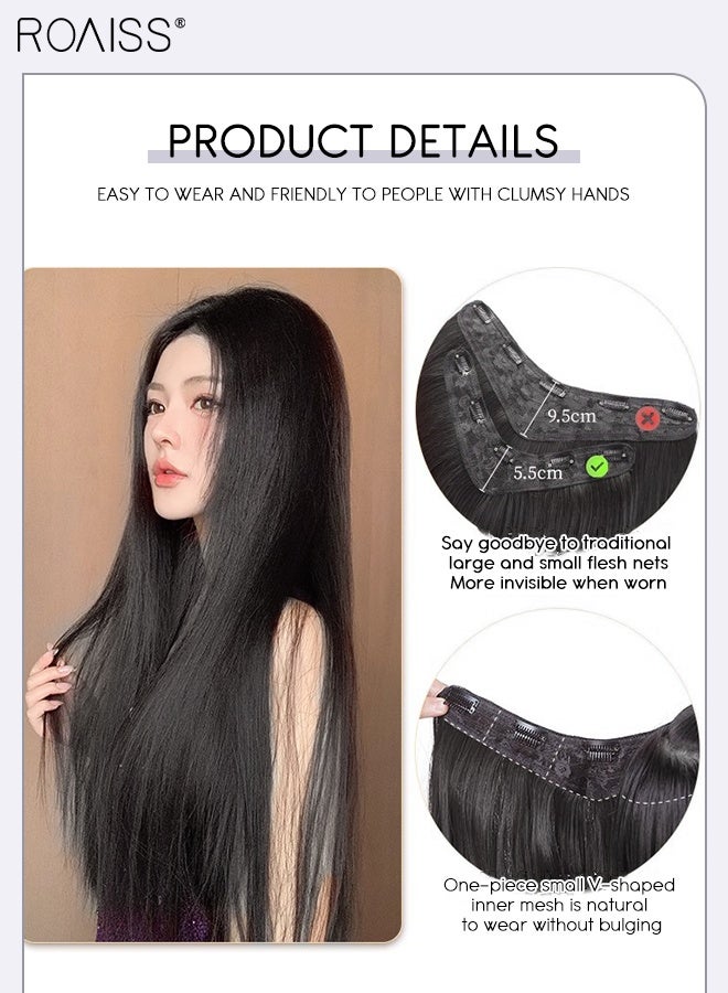 رويس وصلات شعر طبيعية سوداء على شكل حرف U، وصلة شعر مستقيمة من قطعة واحدة مع 5 مشابك، قطعة شعر صناعية مقاومة للحرارة للنساء والفتيات، 50 سم/60 سم - Image 5
