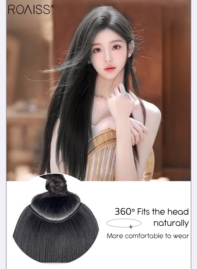 رويس وصلات شعر طبيعية سوداء على شكل حرف U، وصلة شعر مستقيمة من قطعة واحدة مع 5 مشابك، قطعة شعر صناعية مقاومة للحرارة للنساء والفتيات، 50 سم/60 سم - Image 3