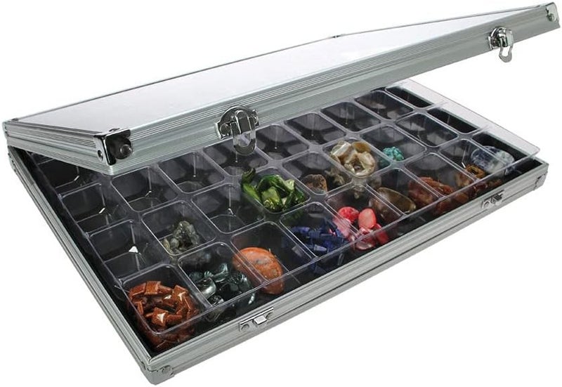 SAFE Aluminum Collecting Display Case with 45 Compartments and Arylic Window On The Top for Minerals  Rocks  Stones  Fossils  Gems and More