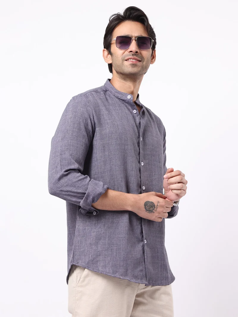 Maniac  Maniac Mens Solid Chinese Collar Full Sleeve Soft Twill Fabric Blue Shirt for Men | Best Price UAE