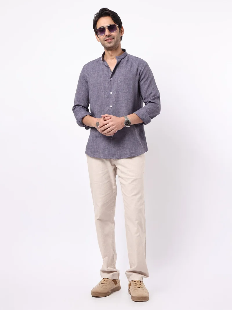 Maniac  Maniac Mens Solid Chinese Collar Full Sleeve Soft Twill Fabric Blue Shirt for Men | Best Price UAE